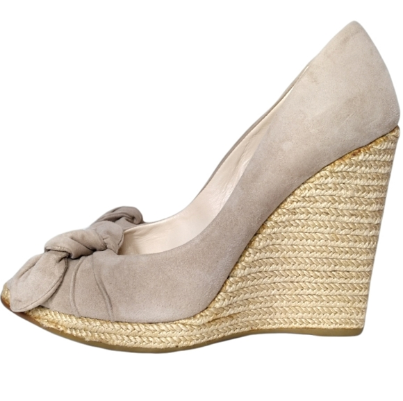 PRADA Suede Nude Espadrille Peep Square Toe Wedges Platform Sandals Shoes Size 8 - Picture 11 of 16